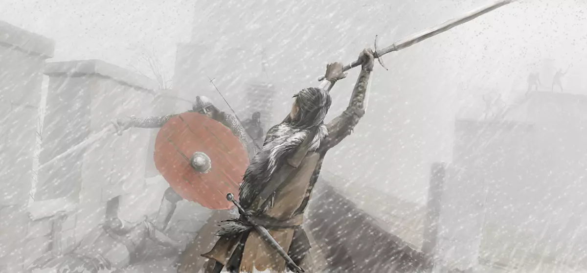 Assorted Commissions, video game inspired fighting scene during heavy snowfall on a battlement