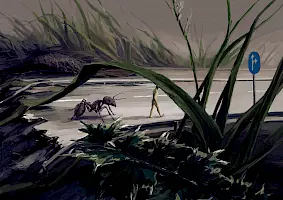 The Divide, rechte Häfte, eine Kluft in der Straße und ein einsamer Mann mit einer Ameise an einer Abzweigung