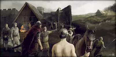 a digital painting of an early-medieval settlement, with an unfinished earth-filled palisade; an overseer reports to his lord about an attack on a farm in the background, soldiers stand at the ready, workers are carrying wooden poles, a boy holds a saddled horse