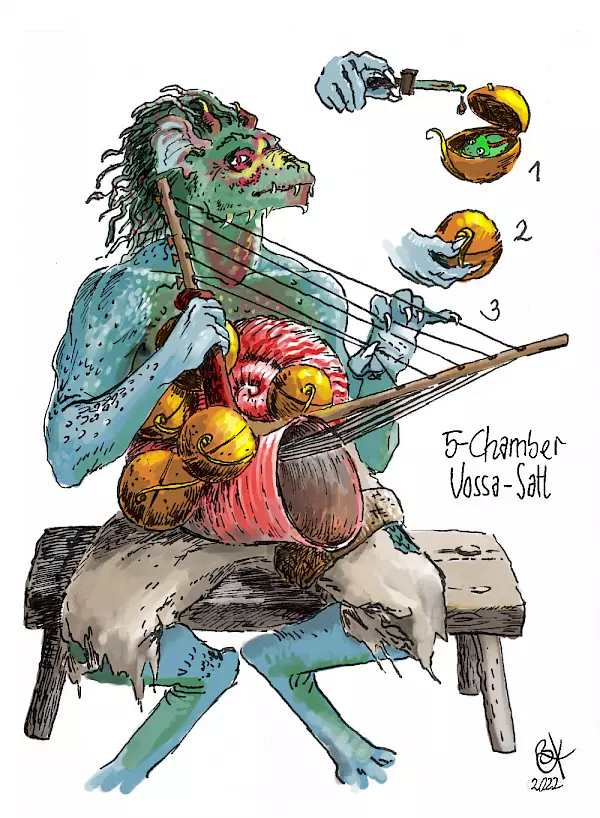 Instruments of Tamriel, 5-Kammer-Vossa-Satl, ein argonisches Instrument welches die Balzrufe von fünf Kröten nutzt
