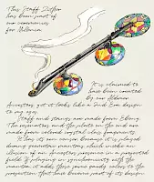 Aldmeri Zither, Zeichnung einer fiktiven Stabzither mit farbigen Glasresonatoren und Weihrauchbehälter