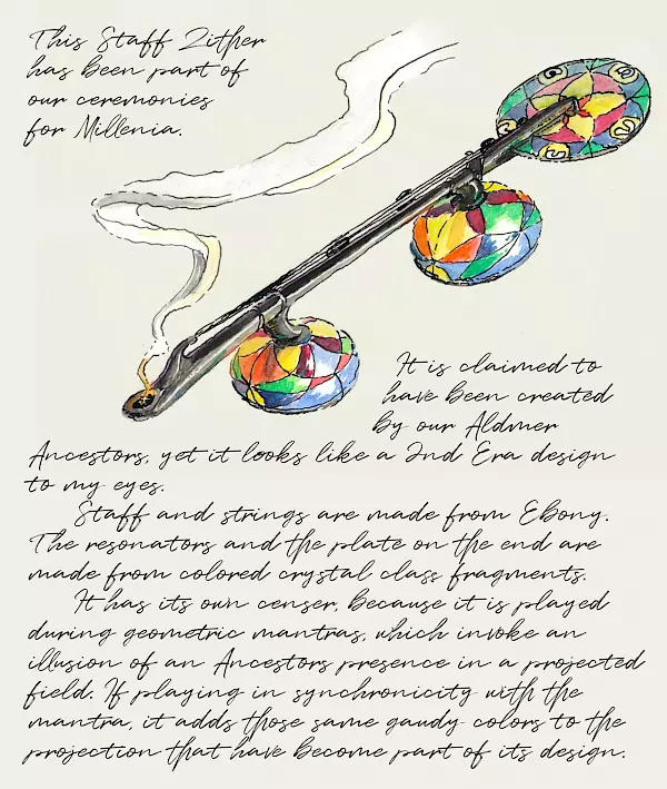 Aldmeri Zither, Zeichnung einer fiktiven Stabzither mit farbigen Glasresonatoren und Weihrauchbehälter