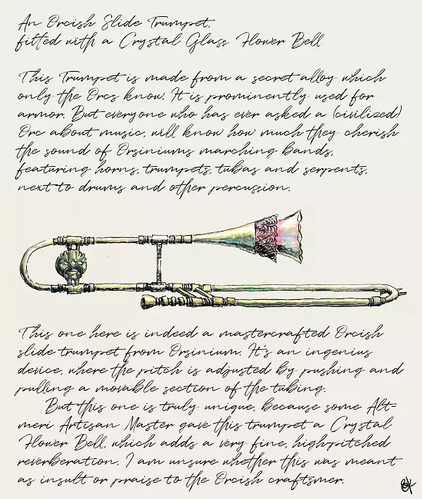 Modified Orcish Slide Trumpet, drawing of a fictional slide trumpet made from a greenish metal, with a colorfully shimmering glass bell