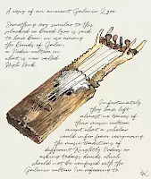 Galenische Leier, Zeichnung einer fiktiven Leier aus verwittertem Holz in Form eines Gesichtes mit dem Geweih eines Rehbocks