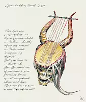 Großvaters Kopf-Leier, Zeichnung einer Leier, hergestellt aus dem gehörnten Schädel eines verstorbenen Waldelfen
