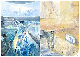 The Gathering, the Deluge, sketches of two pages in the first episode of 7SA, in water colors