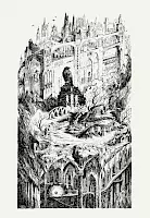 Federzeichnung, zeigt u.a. einen Raben inmitten von Ruinen, ein Schwert im Feuer, und einen Ring in den Tiefen