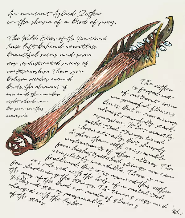 Ayleid Zither, Zeichnung einer fiktiven Zither aus geschmiedetem Meteoritenreisen in Form eines Raubvogels