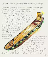 Chimer Jentreng, drawing of a fictional zither, decorated with gold, ebony, and gems of volcanic glass, dedicated to St. Veloth