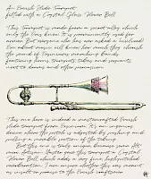 Modified Orcish Slide Trumpet, drawing of a fictional slide trumpet made from a greenish metal, with a colorfully shimmering glass bell