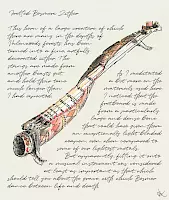 Bosmeri Zither, drawing of a fictional decorated Woodelf zither from a long animal horn with a bone fretboard