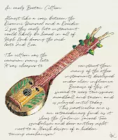 Breton Cittern, drawing of a decorated cittern made from red wood, painted to resemble a holy singing tree