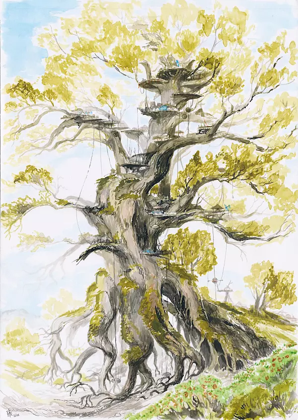Der Wandelnde Baum: Falinesti, Zeichnung der wandelnden Baumstadt Falinesti