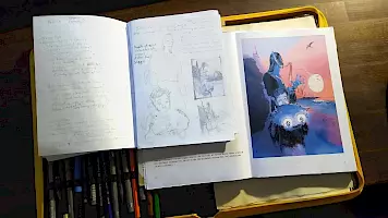 I dream of Instruments of Tamriel, but it wants to become a real book, 2 Sketchbooks, showing sketches of iterated stages of a drawing, which shows a dad and his son playing music on a beach at dusk